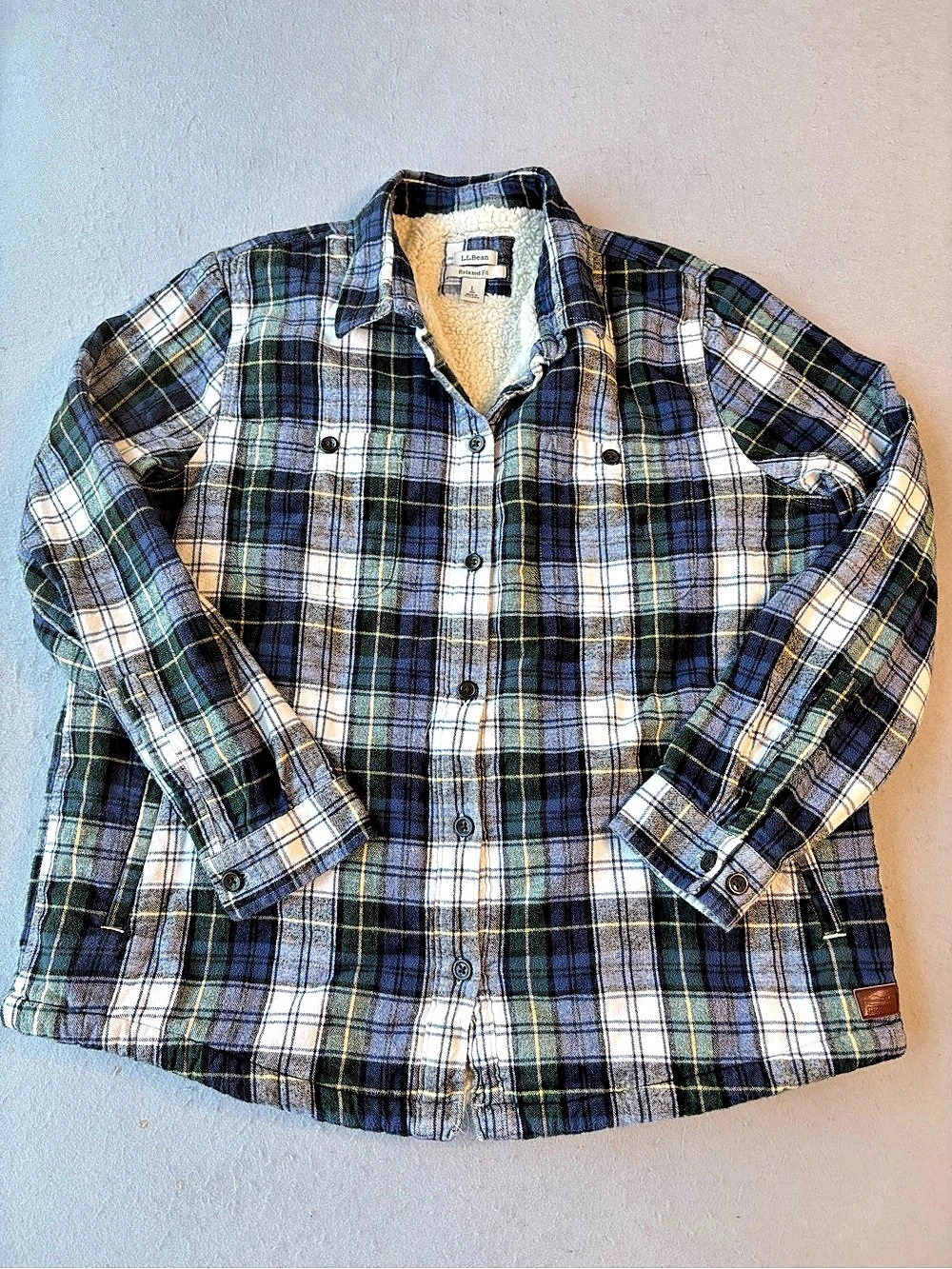 L.L. Bean Women's Fleece Lined Flannel Scotch Blue Green Plaid Shacket Sz Large